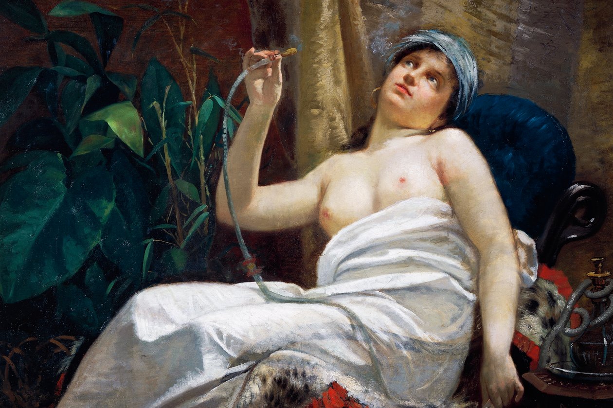Rygning af opium (olie på lærred) af Carlo Sara