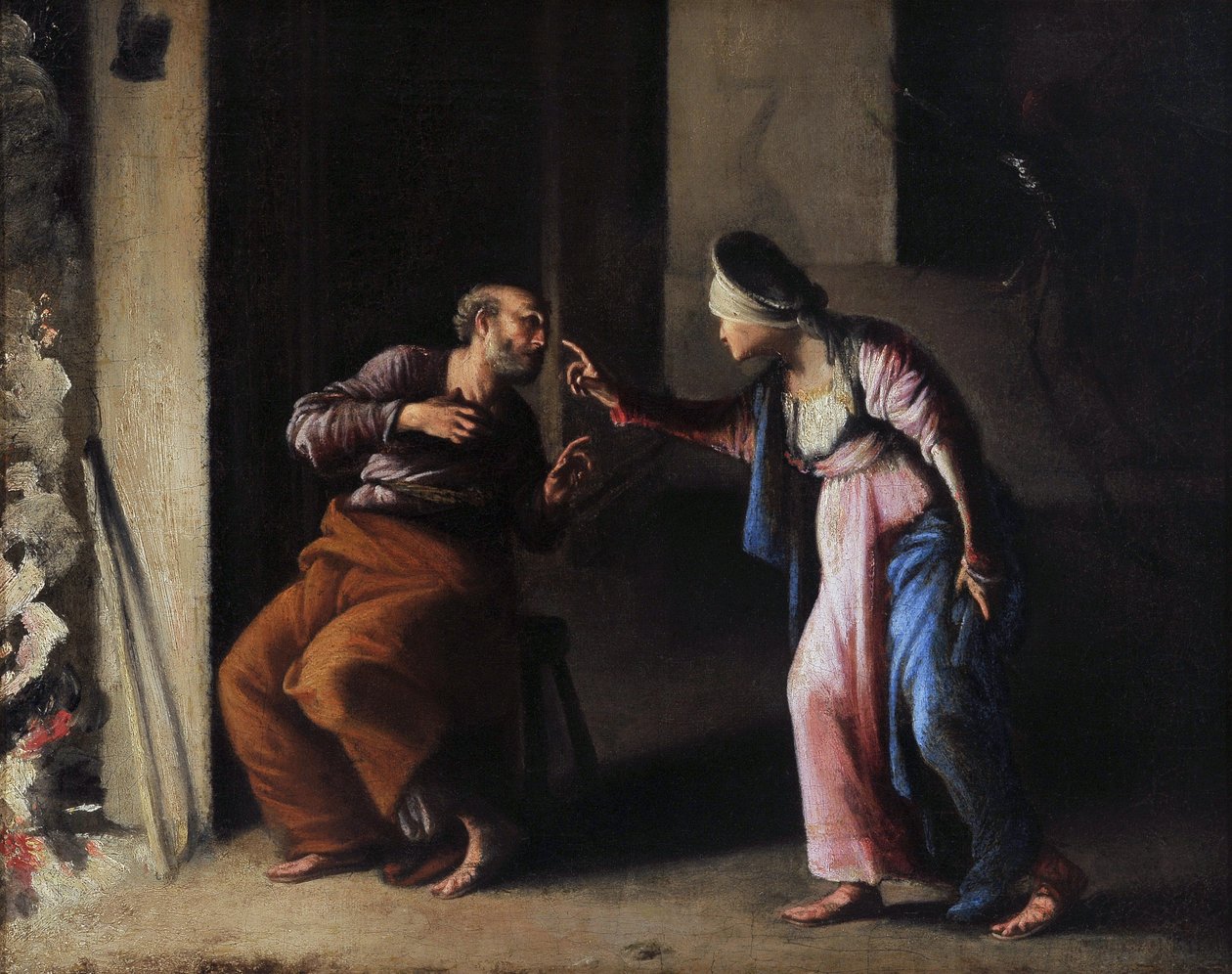 Fornægtelsen af Sankt Peter. Maleri af Carlo Saraceni (1579-1620). Olie på lærred. Mål: 38x48 cm. Musee Granet, Aix en Provence. af Carlo Saraceni
