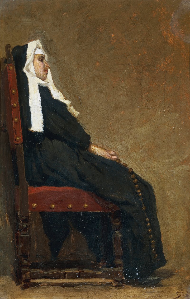 Nunna, Carlo Stragliati (1869-1925), öljy pahville, 30,5x20,5 cm. af Carlo Stragliati