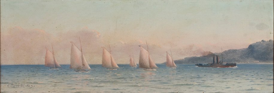 Seascape med sejlkonkurrence og en slæbebåd Portugues: Navy med sejlregatta og trækbåd af Carlos Balliester