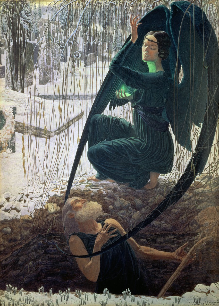 The Death and the Gravedigger, 1900 (gouache, akvarel og blyant) af Carlos Schwabe
