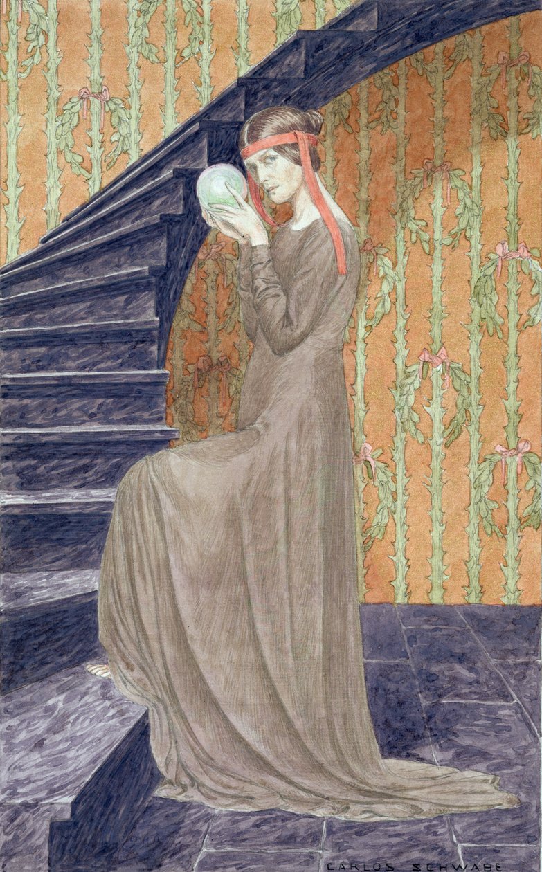 Ung kvinde i æstetisk stil med en kugle, 1894 af Carlos Schwabe
