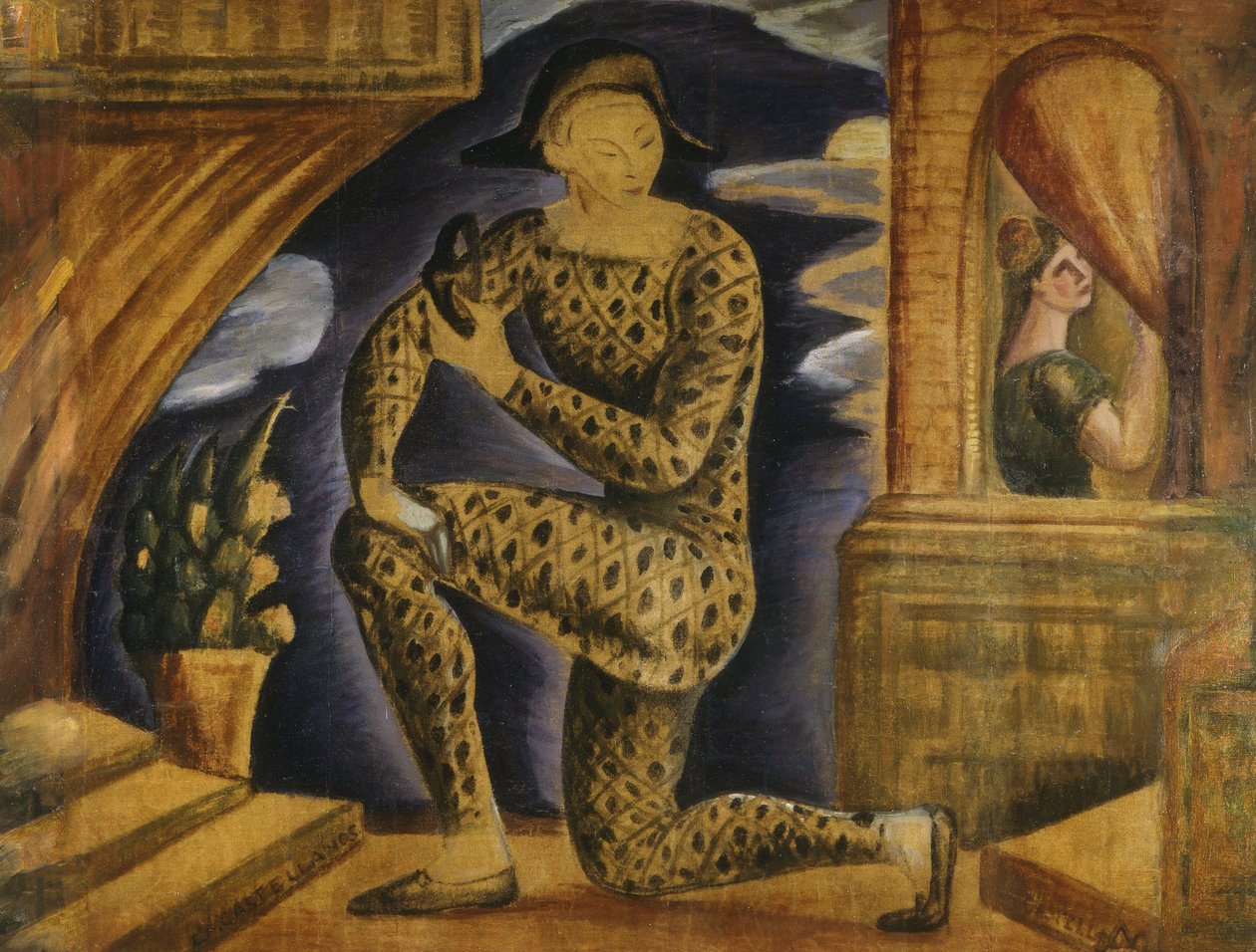 Harlekin og Colombine (olie på lærred) af Carlos Alberto Castellanos