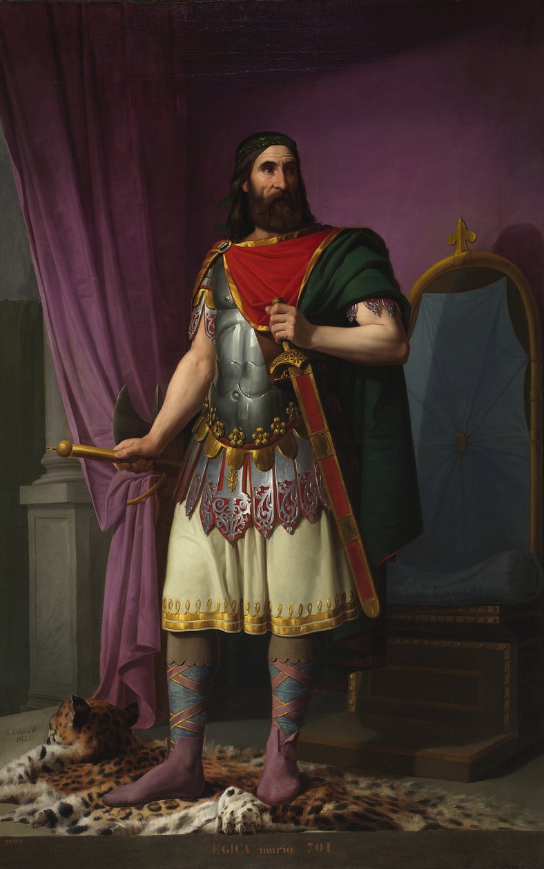 Portræt af den Wisigoth Kong Egica af Spanien (eller Egicca, Egiza, Ergica) (687-702) (Wisigothic King Egica) Maleri af Carlos Maria Esquivel y Rivas (1830-1867) 1853 Domstolspaladset Madrid af Carlos Maria Esquivel