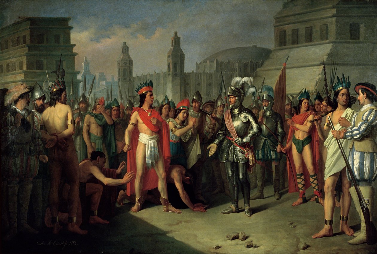 Guatimocins fængsling af Hernan Cortes tropper, 1856 af Carlos Maria Esquivel
