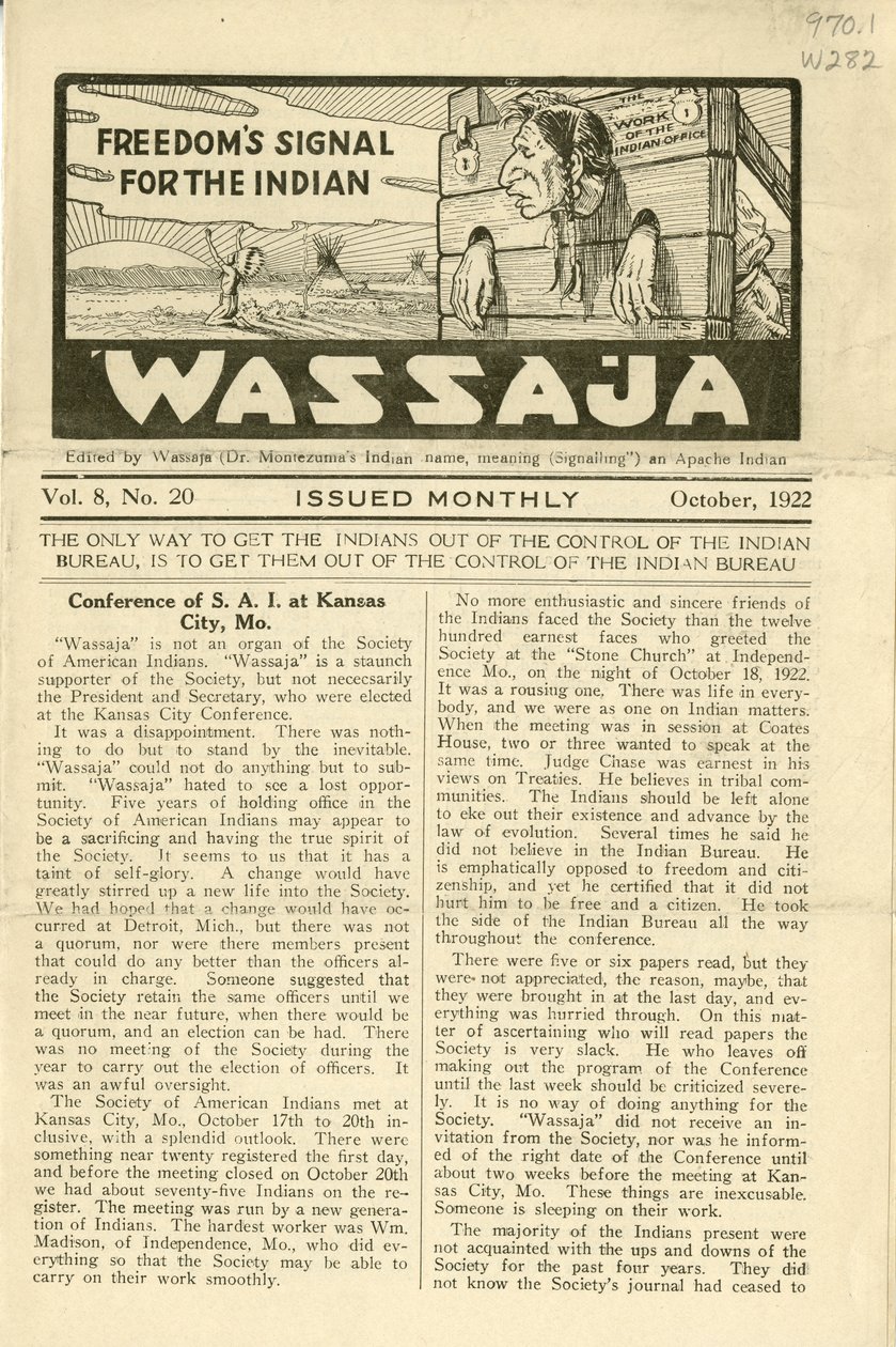 Udgave af Wassaja, bind. 8, nr. 20, oktober 1922 af Carlos Montezuma