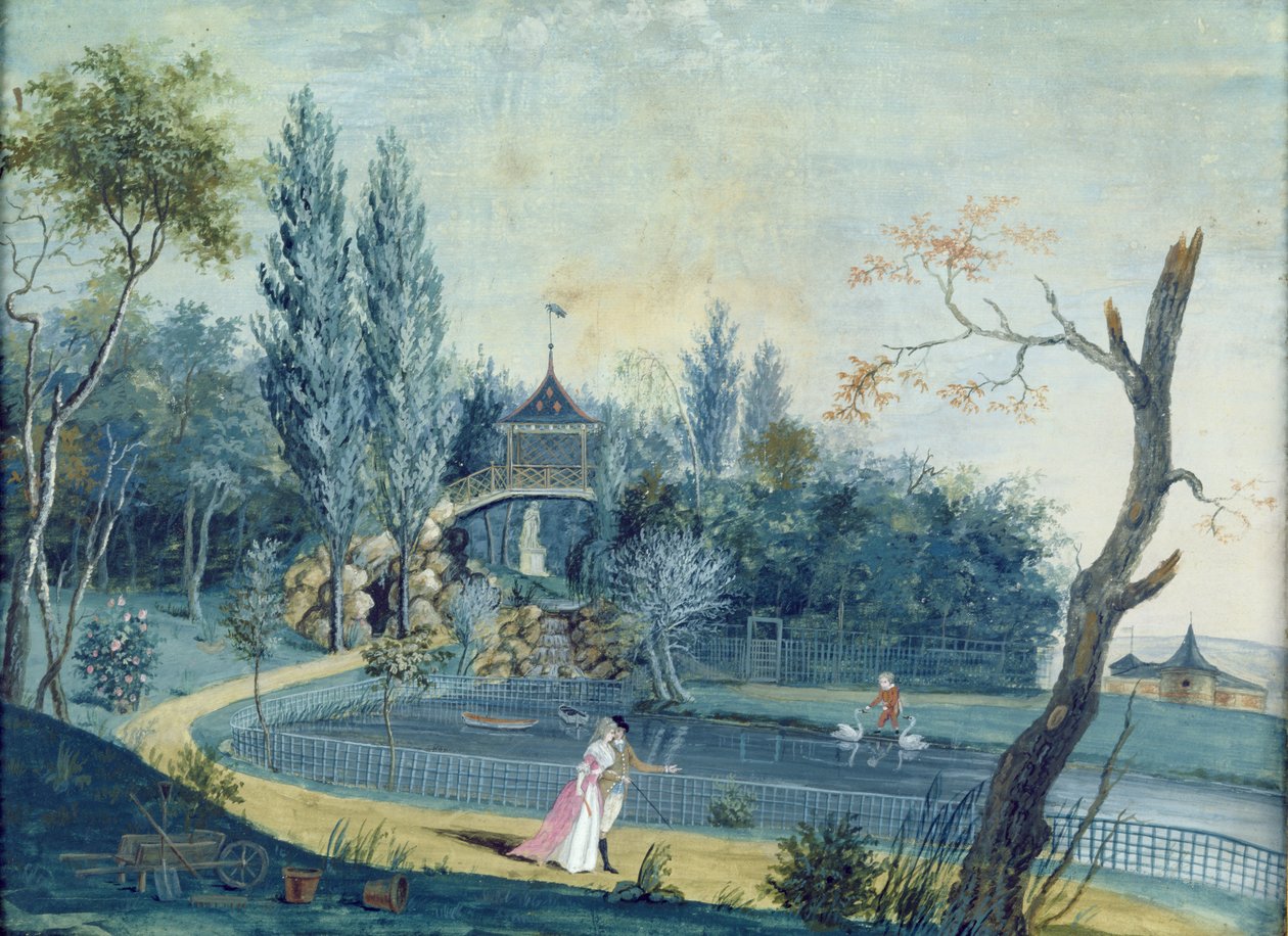 Søen og den kinesiske pavillon i parken i Le Raincy, ca.1754-93 af Louis Carrogis dit Carmontelle