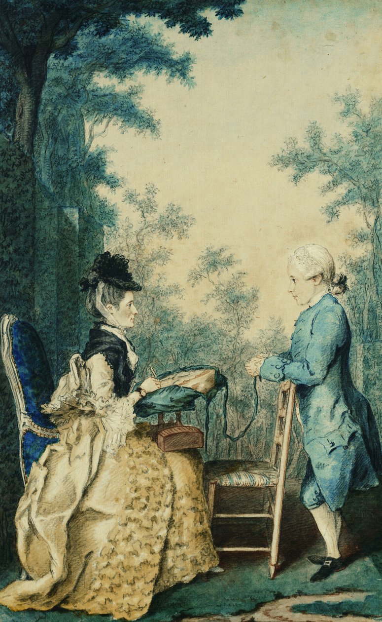 En dame, der sidder på en terrasse og broderer på en tambur, med en lille dreng stående foran hende, af Carmontelle