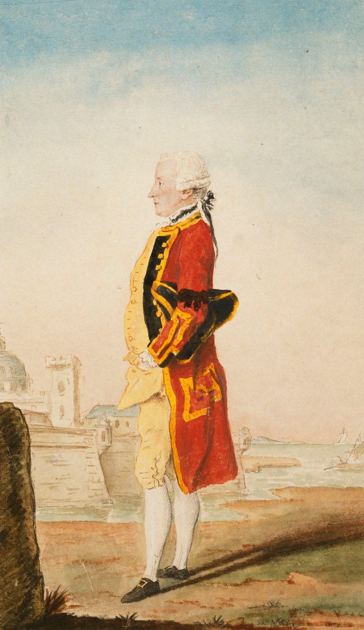 Oberst Morrison muligvis i Uniform of the Royal Engineers, en befæstet by bagved, 1768 af Carmontelle