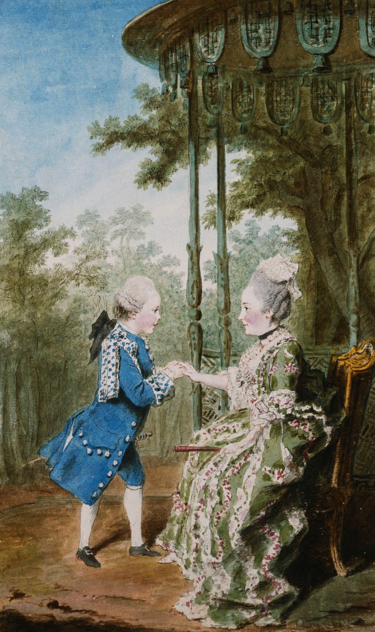 Prinsessen af Salm sidder med sin søn, prinsen af Salm, ved en kinesisk pavillon, af Carmontelle