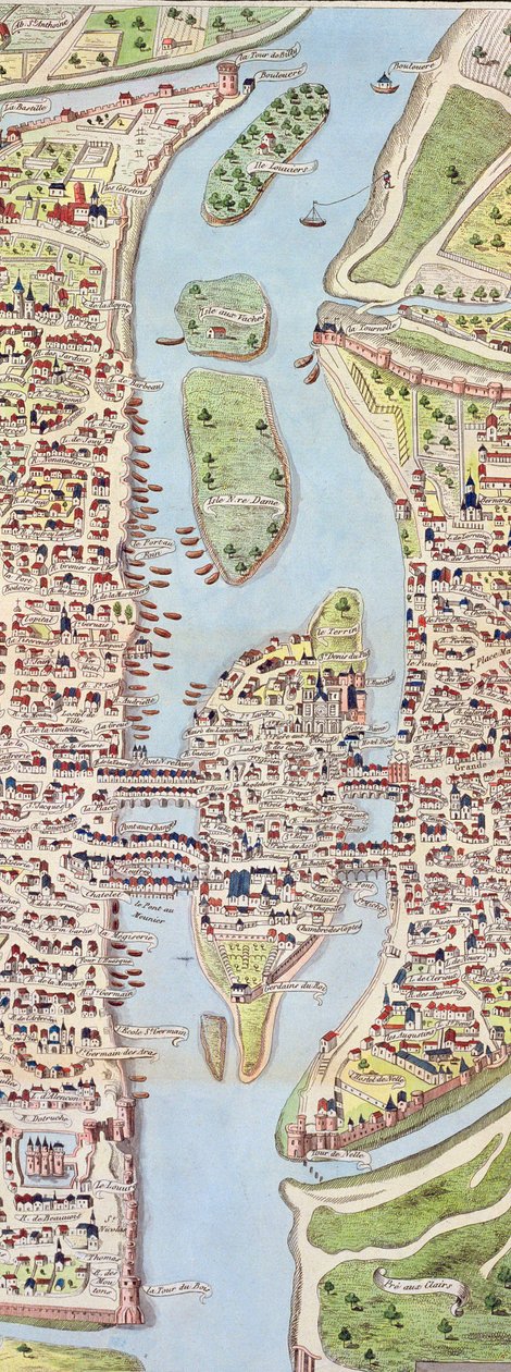 Detalje af Ile de la Cité, fra kortet over Paris ca. 1540, kendt som Plan de la Tapisserie, lavet som et gobelin ca. 1570, 1818 farvegravering af Caroline Naudet