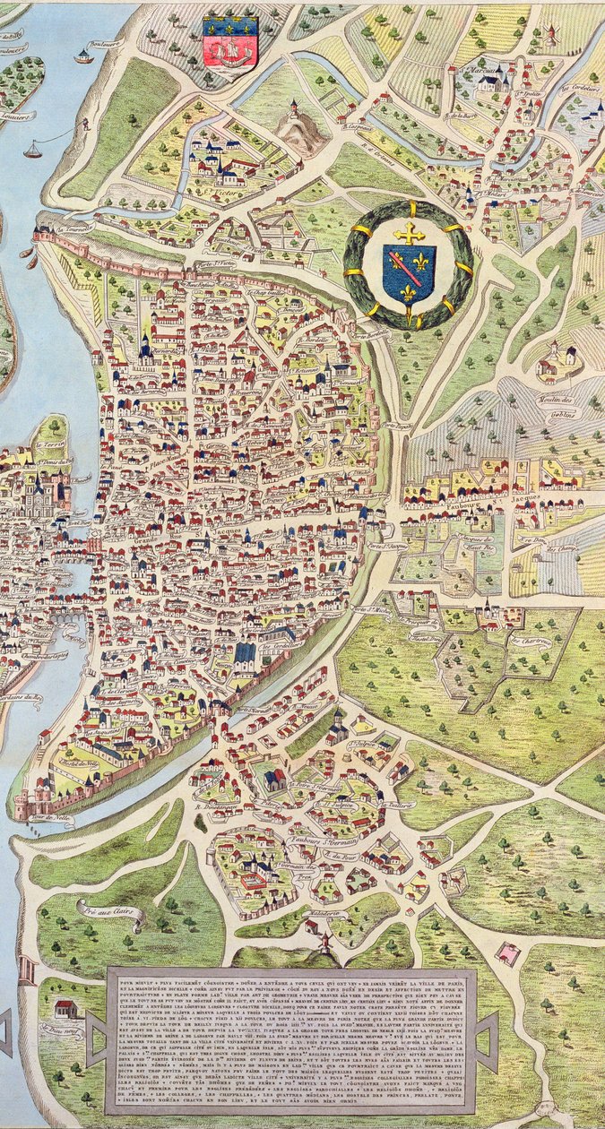 Detalje af venstre bred, fra kortet over Paris ca. 1540, kendt som Plan de la Tapisserie, lavet som et gobelin ca. 1570, 1818 farvegravering af Caroline Naudet