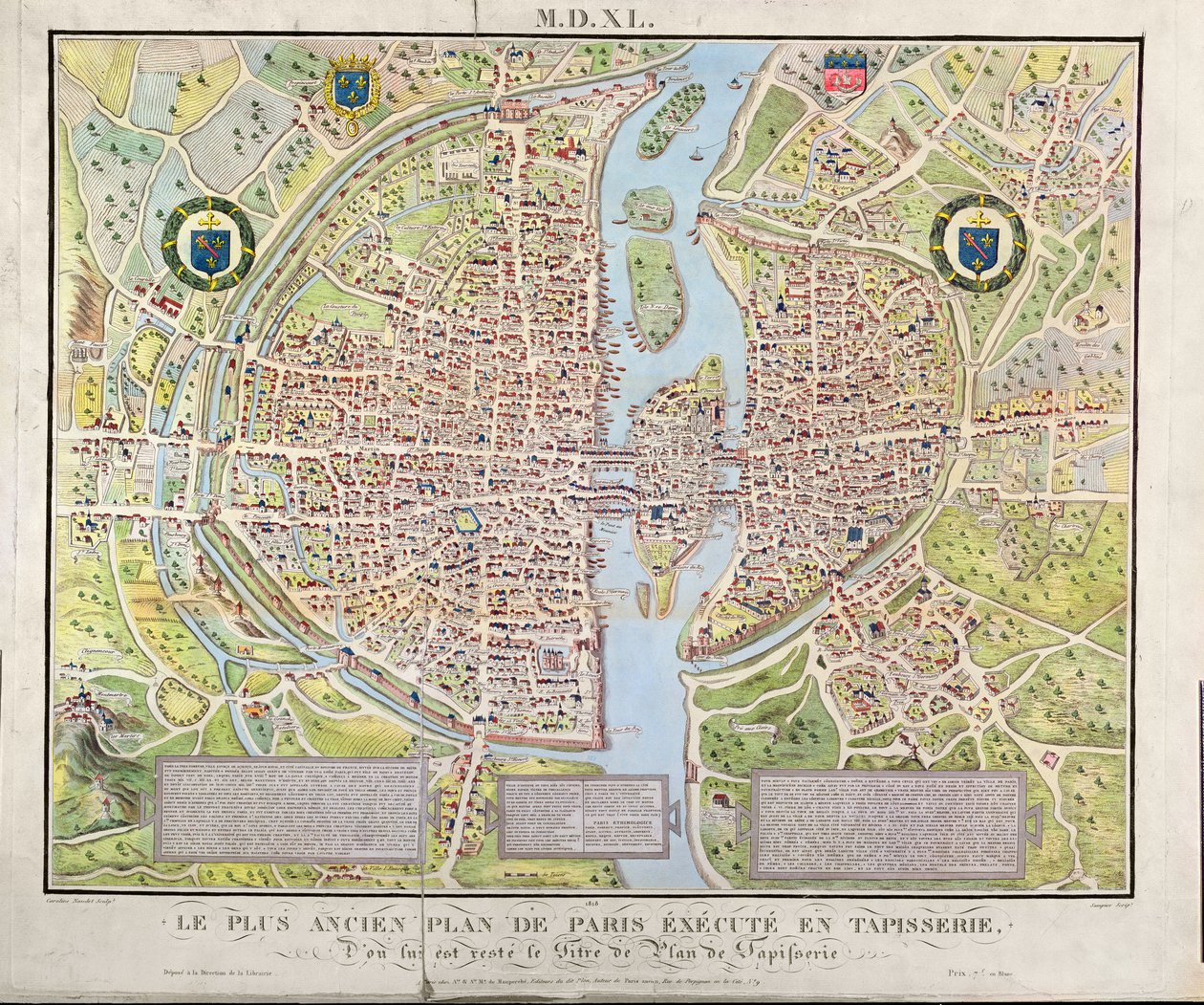 Kort over Paris ca. 1540, kendt som Plan de la Tapisserie, lavet som et gobelin ca. 1571, 1818 (farvegravering) af Caroline Naudet