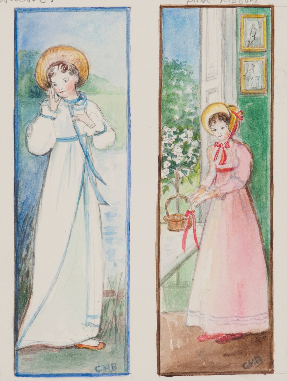 Elizabeth Bennet og Emma Woodhouse, 2011 (wc på papir) af Caroline Hervey Bathurst