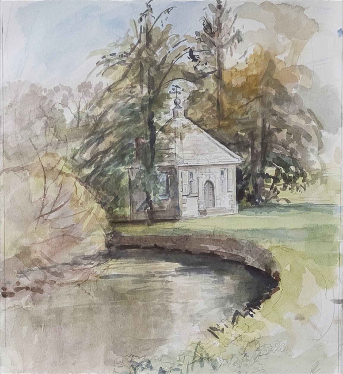 Izaak Waltons Fishing Temple, Dovedale, 2008 (wc på papir) af Caroline Hervey Bathurst
