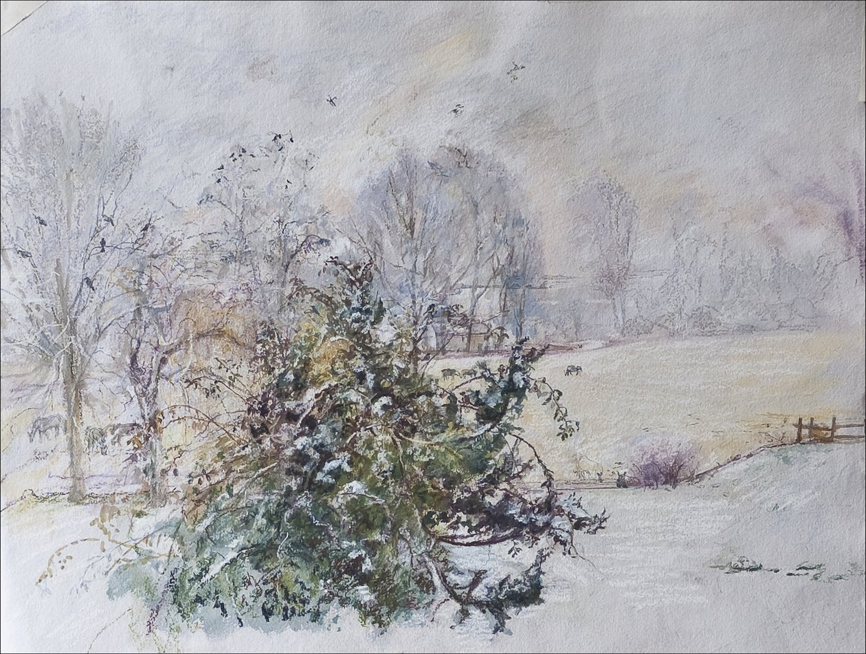 Vinter fra vores vindue, 2009 (pastel & wc på papir) af Caroline Hervey Bathurst