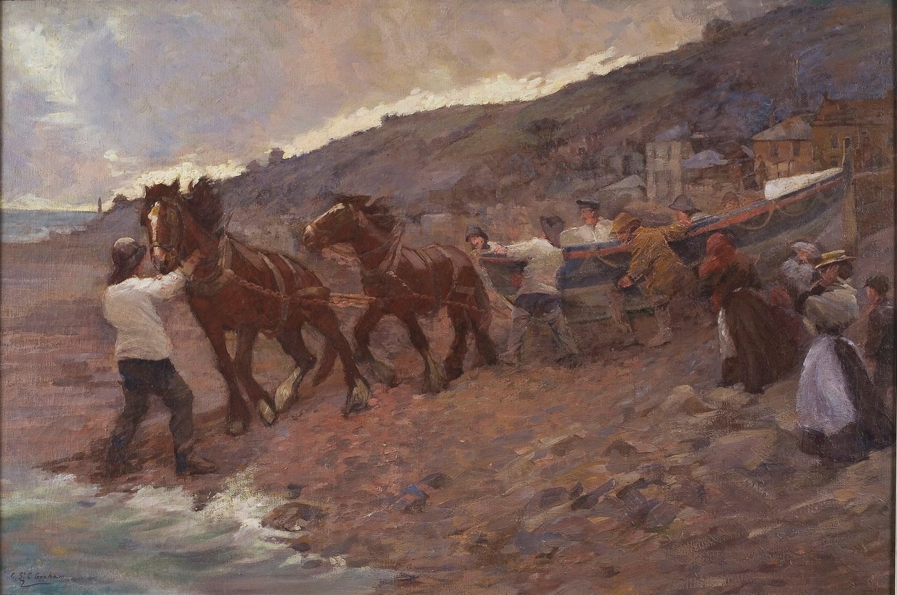 Launching the Lifeboat (olie på lærred) af Caroline St Clair Graham