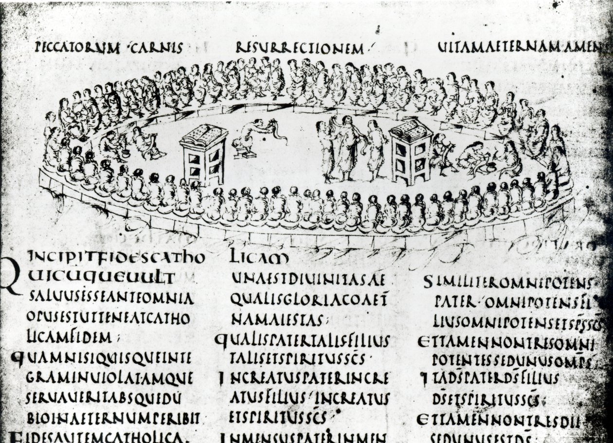 Illustration af en scene fra en af salmerne, fra Utrecht Psalter, kopi af originalen fra Reims nu i Utrecht University Library (pen & blæk) af Carolingian School