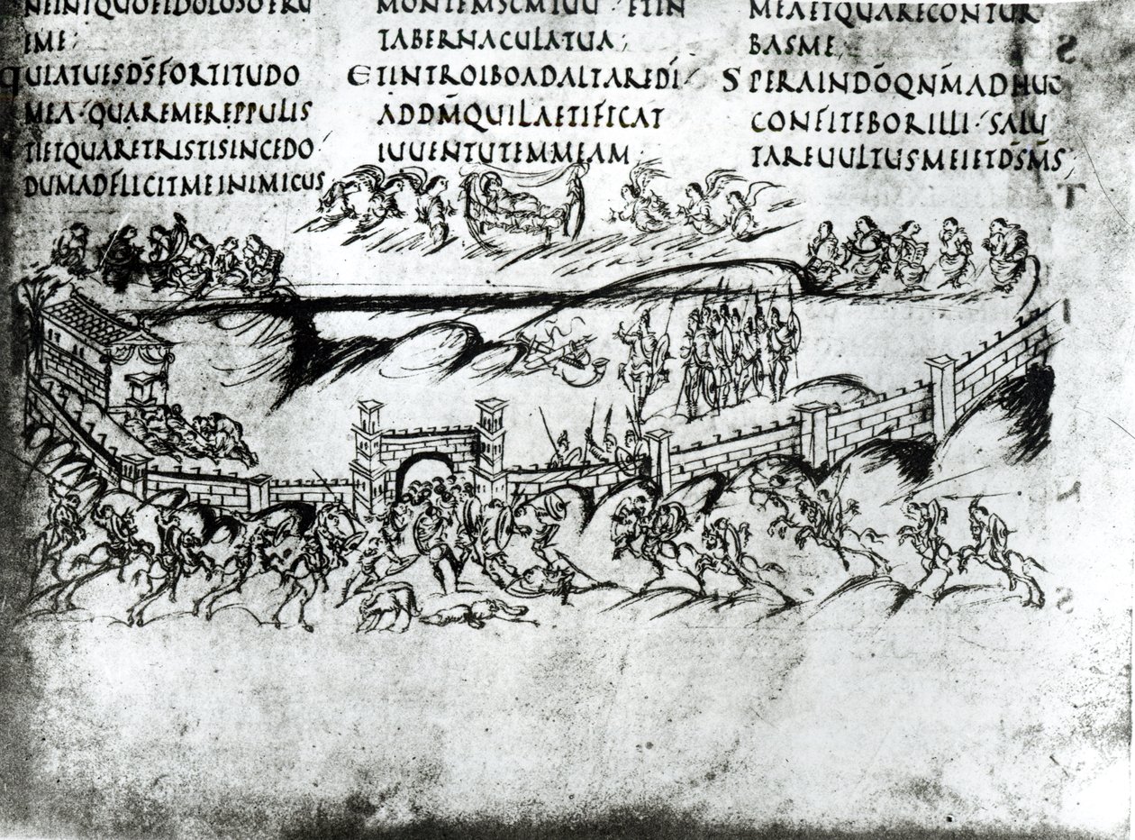 Illustration af forskellige scener fra Salme 43 inklusive verset Vågn op, hvorfor sover du, O Herre?, fra Utrecht Psalter, kopi af originalen fra Reims nu i Utrecht University Library (pen & i af Carolingian School