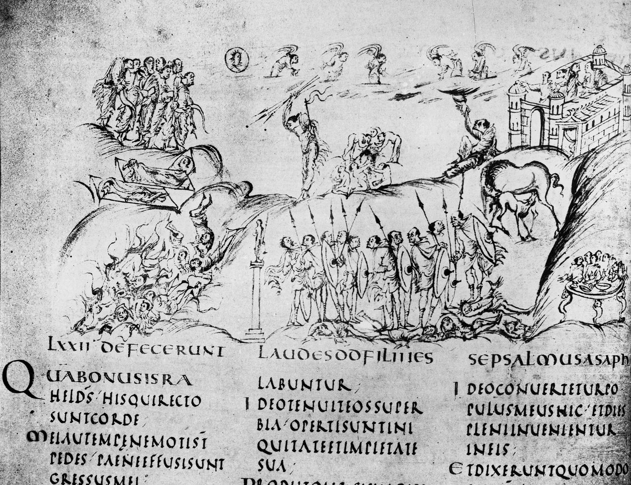 Illustration af forskellige scener fra en af salmerne, fra Utrecht Psalter, kopi af originalen fra Reims nu i Utrecht University Library (pen & blæk) af Carolingian School