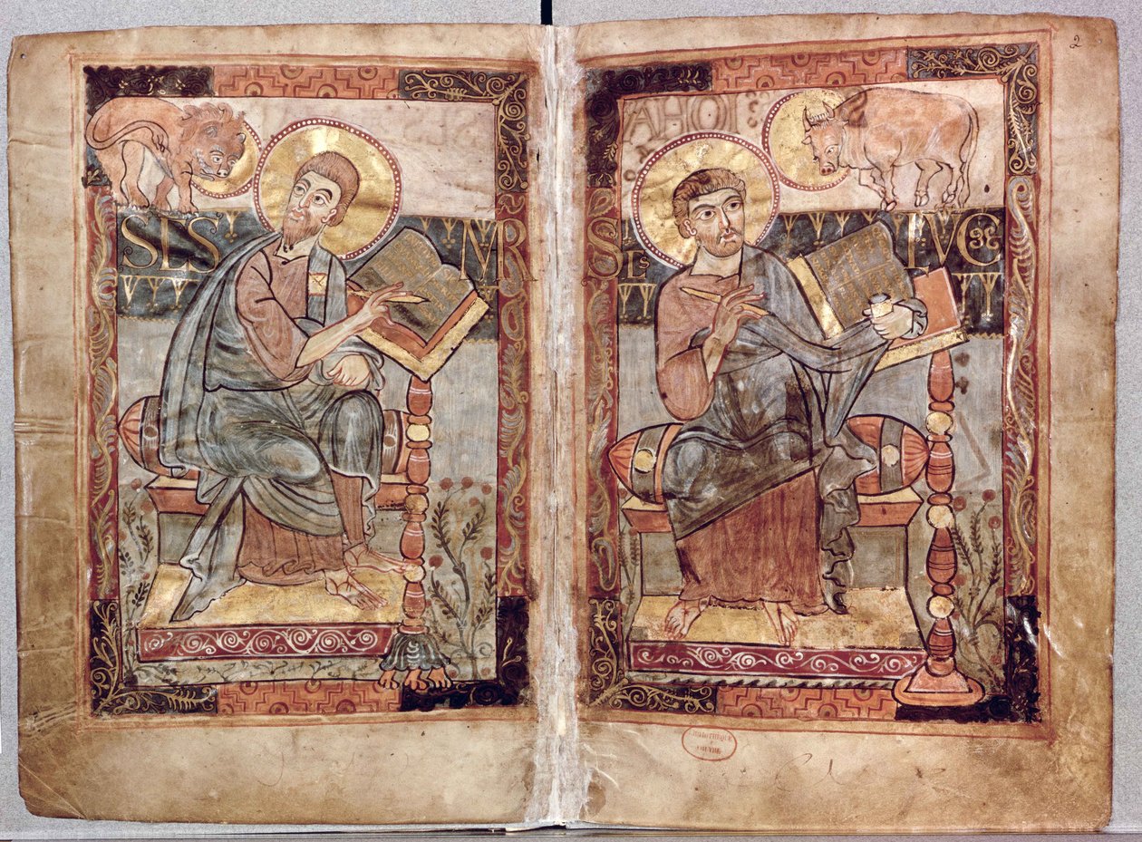 NAL 1203 fol.1v-2 St. Markus og St. Luke, fra Godescale Evangeliet, c.1781-783 af Carolingian School