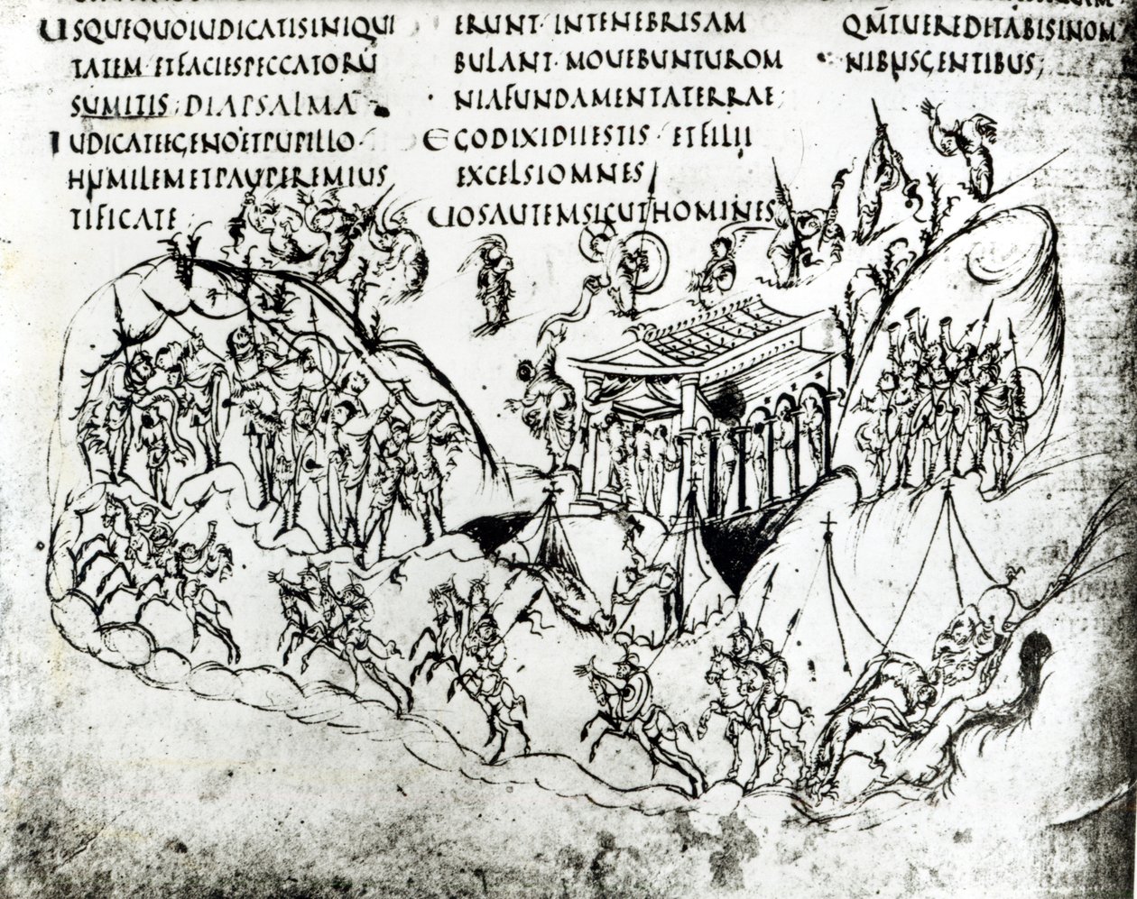 Forskellige scener, der illustrerer en salme, fra Utrecht Psalter, kopi af originalen fra Reims nu i Utrecht University Library (pen & blæk) af Carolingian School