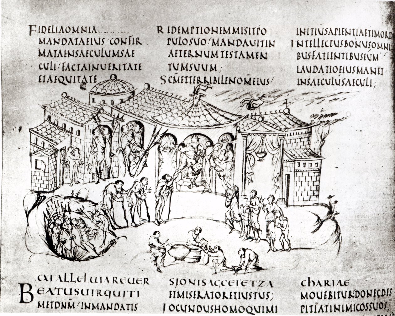 Forskellige scener, der illustrerer en salme, fra Utrecht Psalter, kopi af originalen fra Reims nu i Utrecht University Library (pen & blæk) af Carolingian School