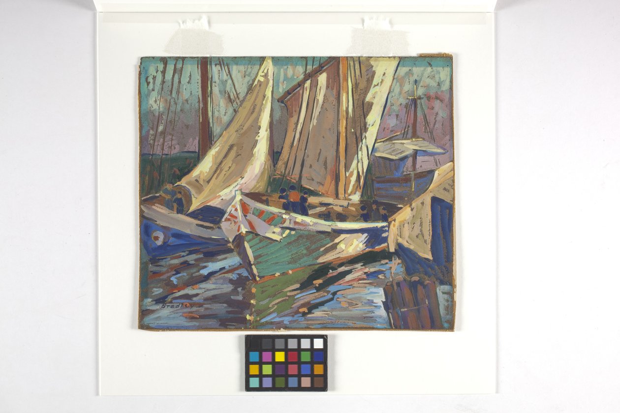 Fishing Boats In Harbor (gouache på brunt papir) af Carolyn Bradley