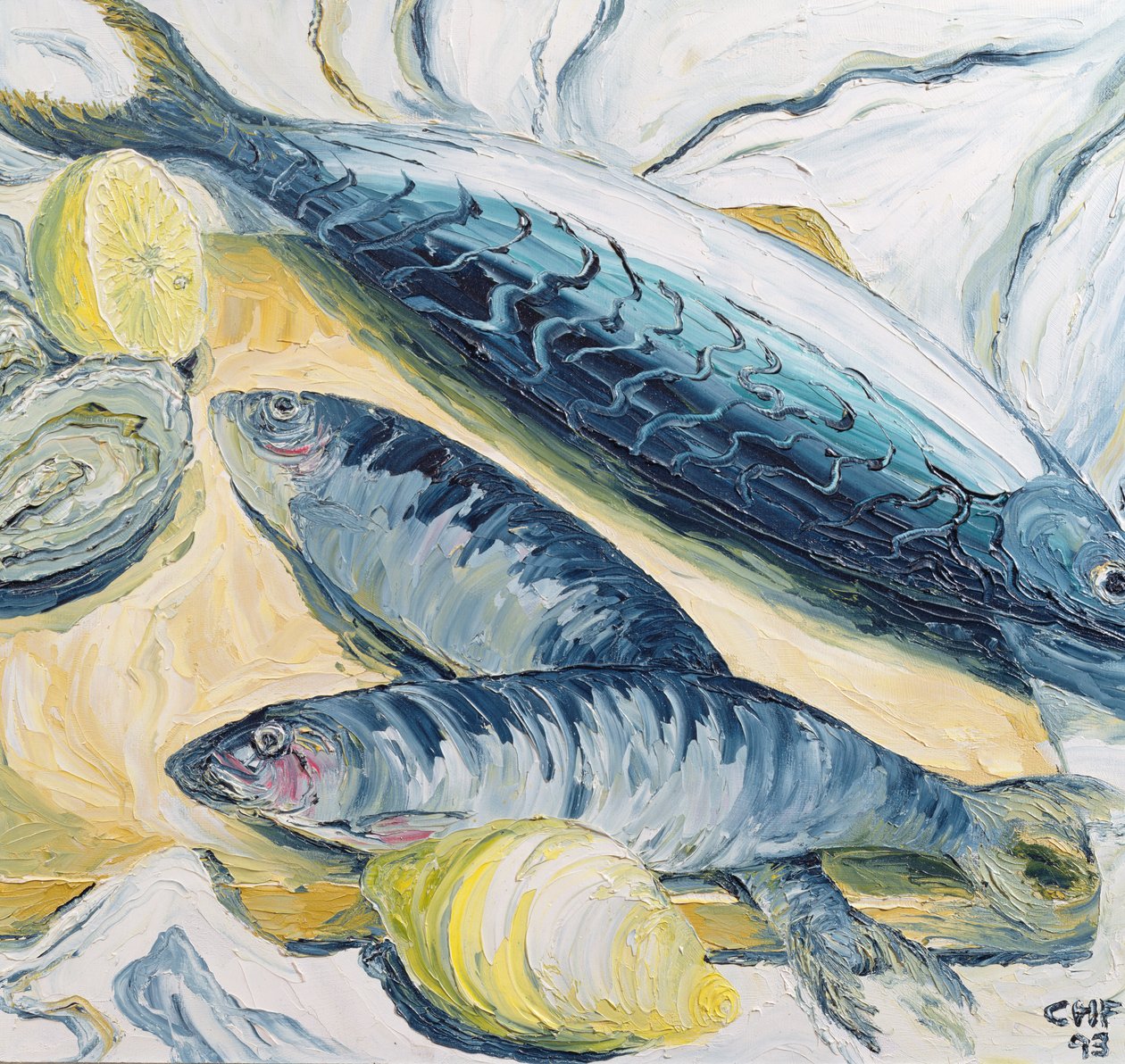 Makrel med østers og citroner, 1993 (olie på papir) af Carolyn Hubbard Ford