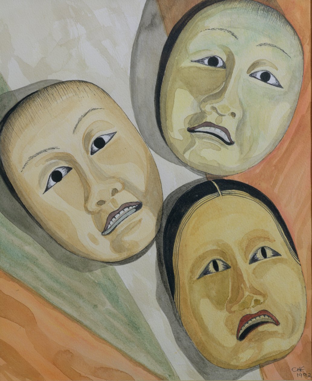 Orientalske masker (pen & blæk og wc på papir) af Carolyn Hubbard Ford