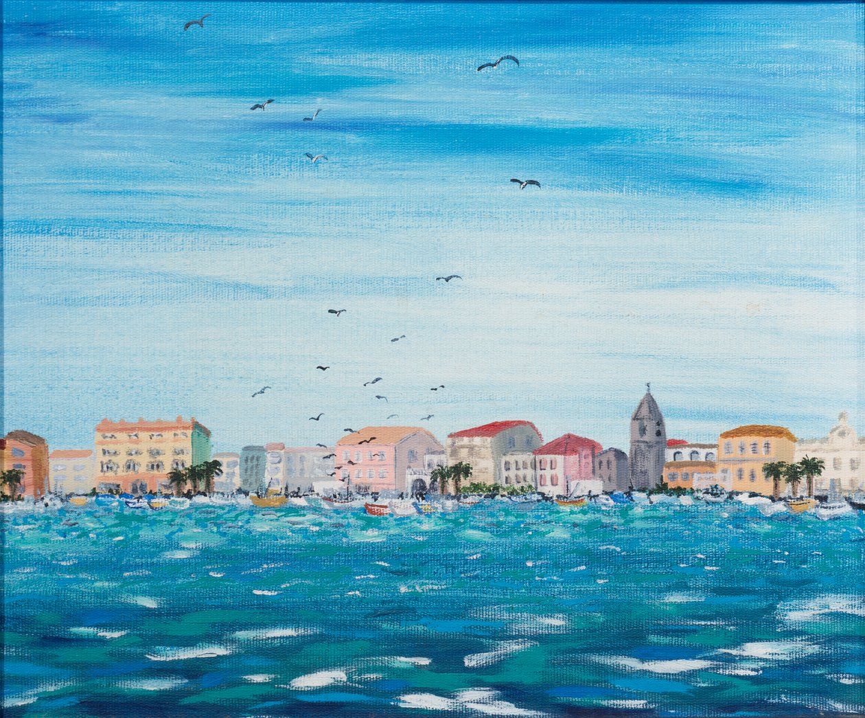Havscene med huse, 1995 (akryl på tavle) af Carolyn Hubbard Ford