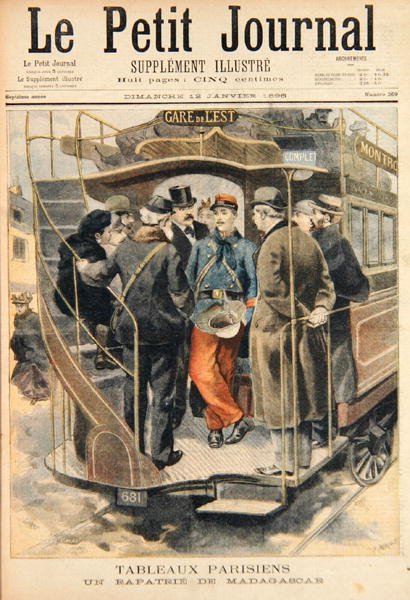 En hjemsendt soldat fra Madagaskar, indgraveret af Fortune-Louis Meaulle (1844-1901) illustration fra Le Petit Journal, 12. januar 1896 (farvegravering) af Carrey