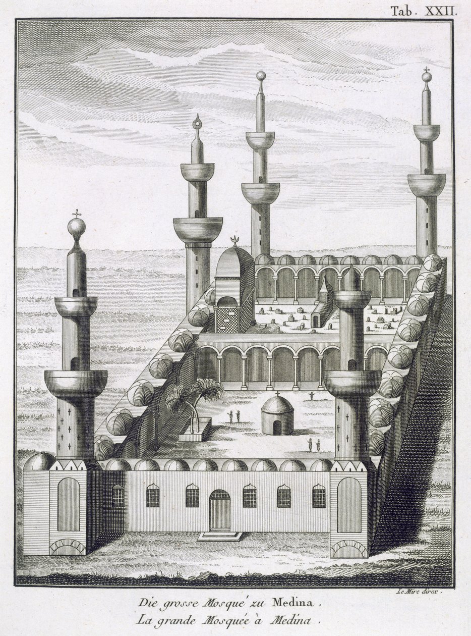 Den store moské i Medina, fra Voyages en Arabie et en Autres Pays de lOrient, graveret af Le Mire, udgivet i 1780 af Carsten Niebuhr