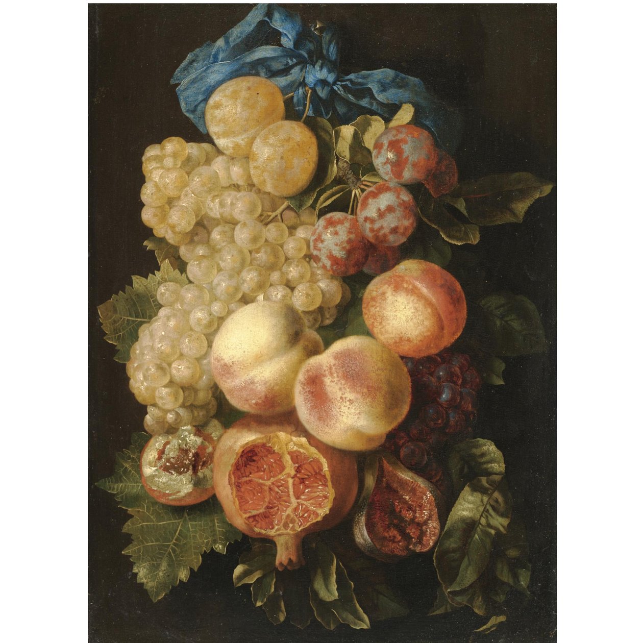 Et stilleben med blommer, druer, ferskner og et granatæble bundet med et blåt bånd af Carstian Luyckx