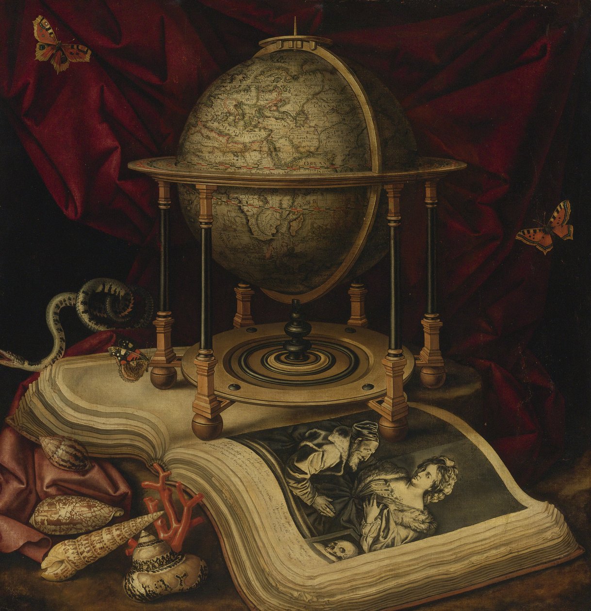 Vanitas stilleben med en jordklode, en bog, skaller, en slange og sommerfugle af Carstian Luyckx