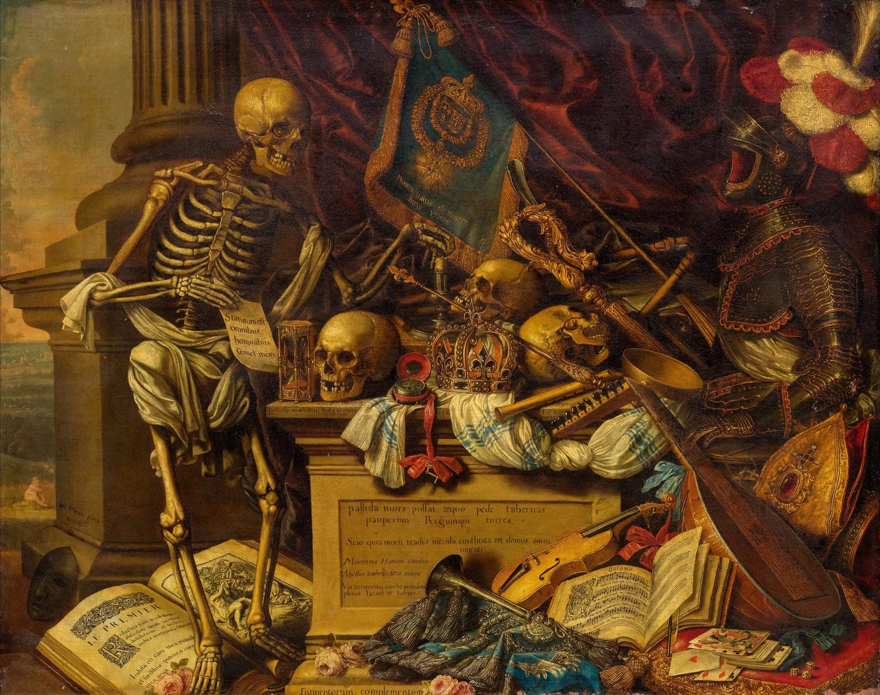 Vanitas Still Life med musikinstrumenter, bøger, noder, skelet, kranie og rustning, 17. årh. af Carstian Luyckx