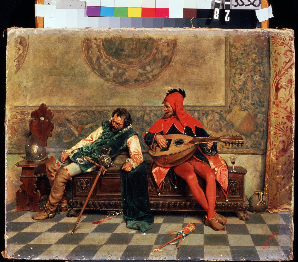 Beruset kriger og hofnar. Maleri af Casimiro Tomba (1857-1929). Olie på lærred, 37 x 47 cm. Italiensk kunst fra det 19. århundrede. M. Kroshitsky Kunstmuseum, Sevastopol. af Casimiro Tomba
