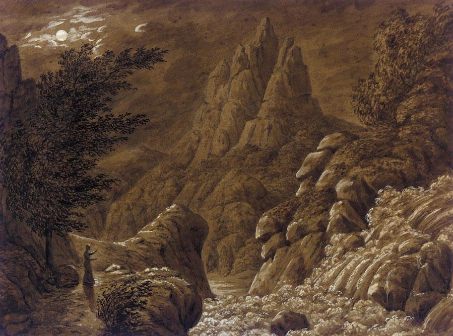 Ideel bjerglandskab med et vandfald af Caspar David Friedrich