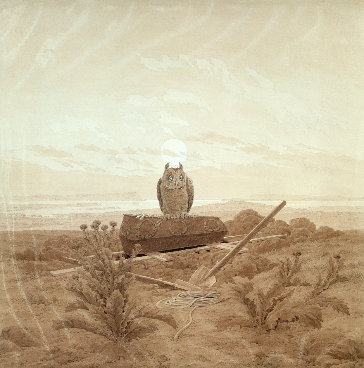 Landskab med grav, kiste og ugle (sepia blæk og blyant på papir) af Caspar David Friedrich