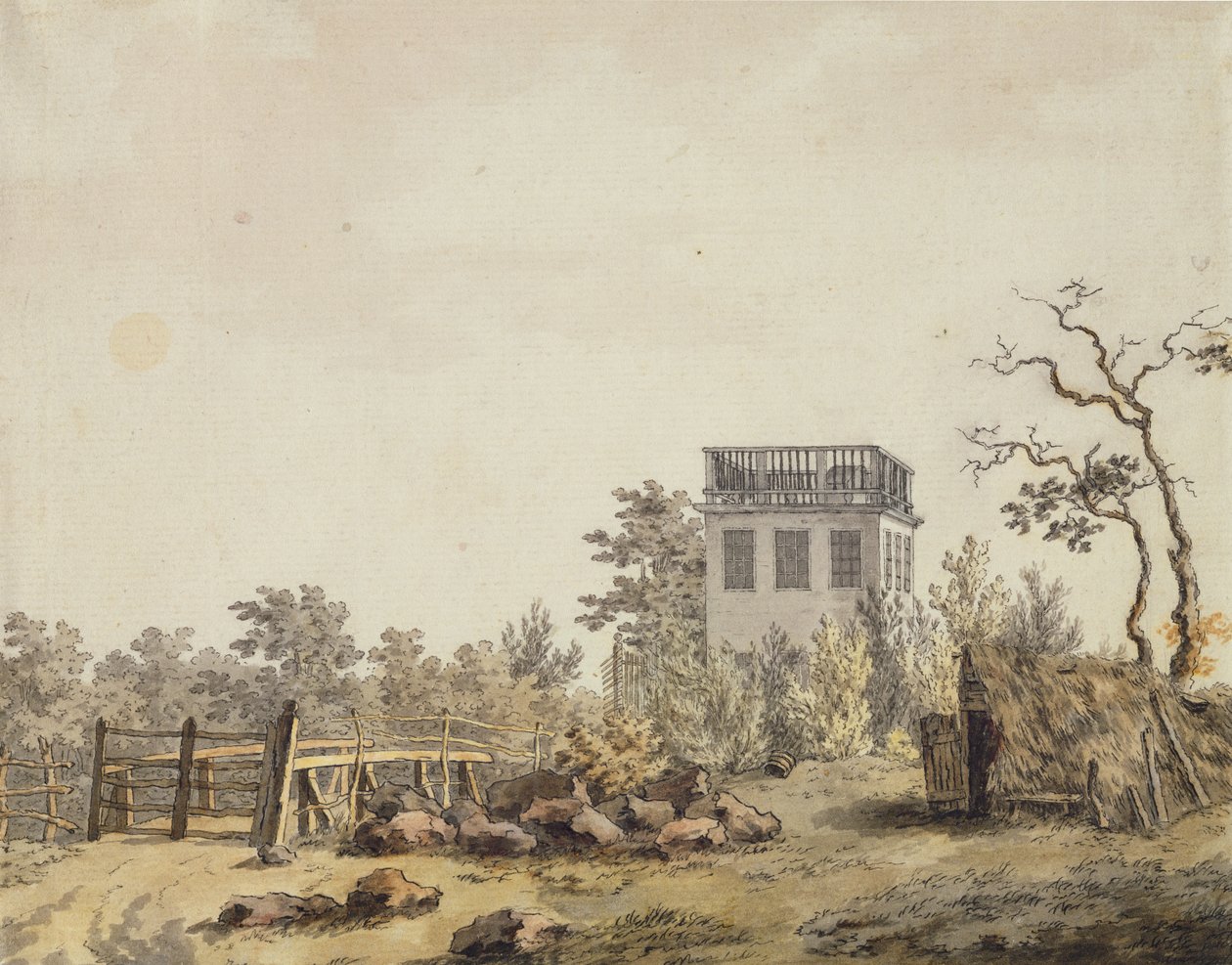Landskab med en pavillon, ca. 1797 (pen, blæk og wc på papir) af Caspar David Friedrich