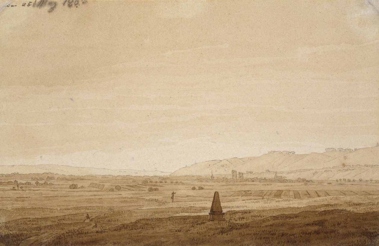 Landskab med en Obelisk, 1803 (penslens spids i brunt blæk og sepia på råhvidt papir) af Caspar David Friedrich