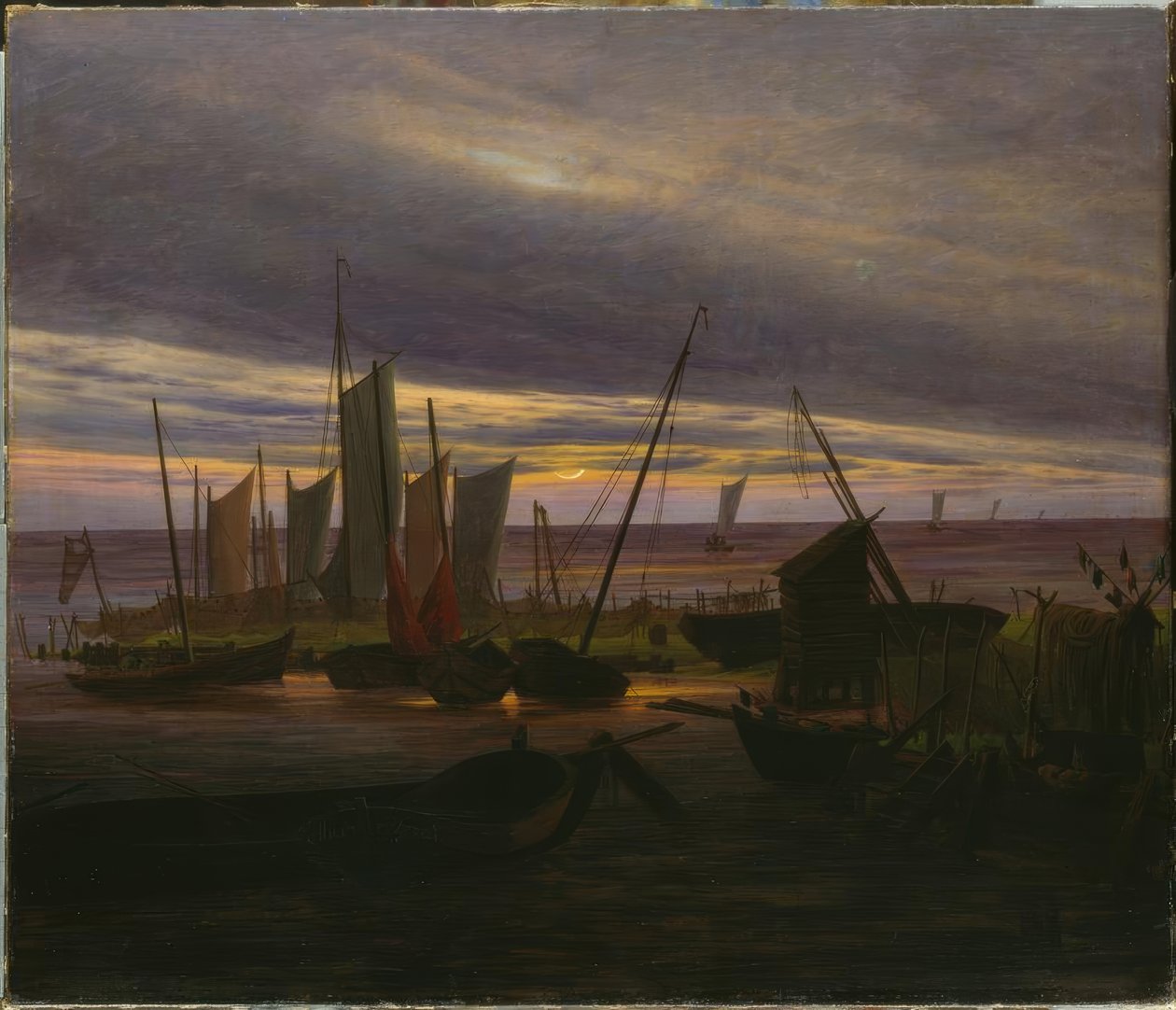 Skibe i havnen om aftenen af Caspar David Friedrich