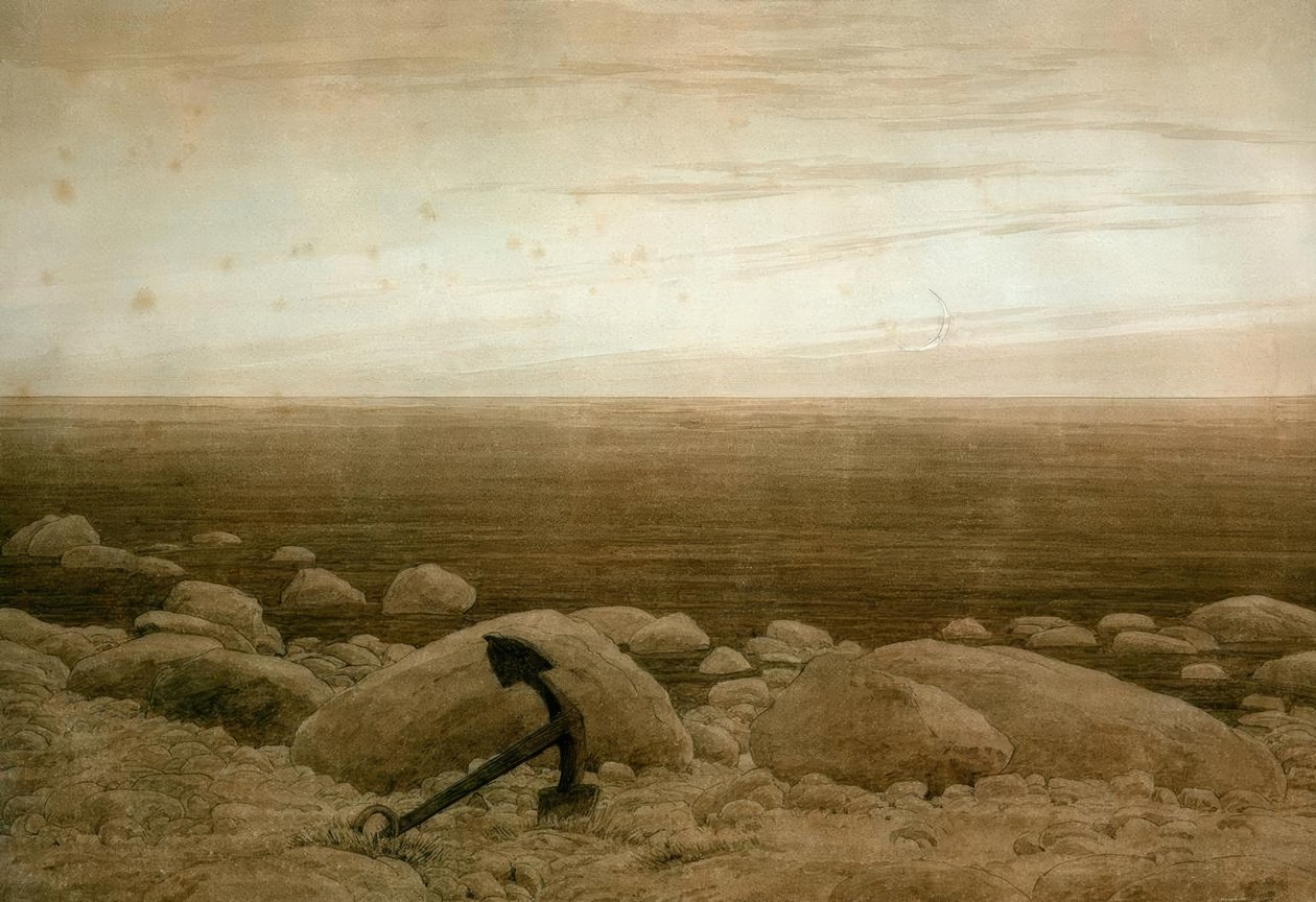 Stenstrand med anker og halvmåne af Caspar David Friedrich