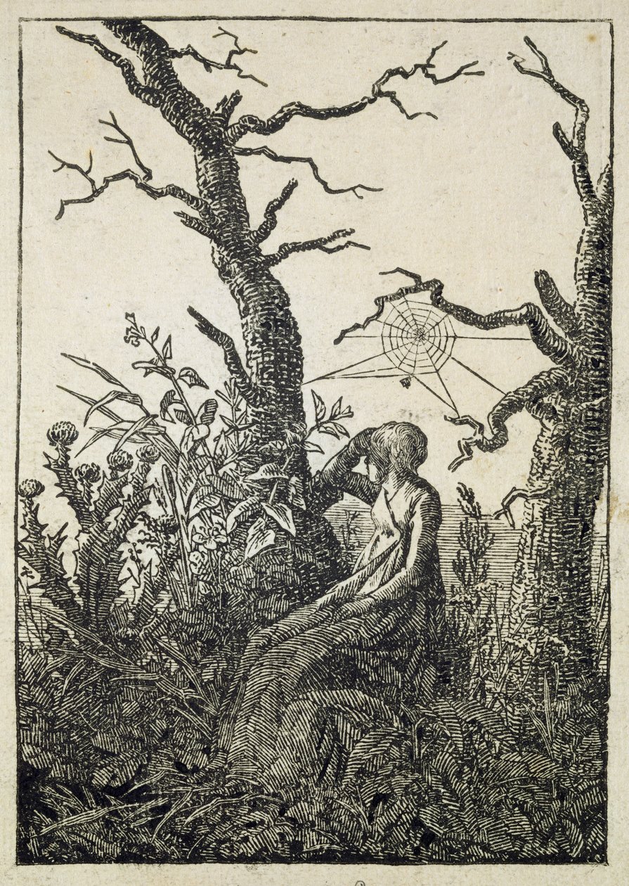 Kvinden med et edderkoppespind midt i bladløse træer af Caspar David Friedrich