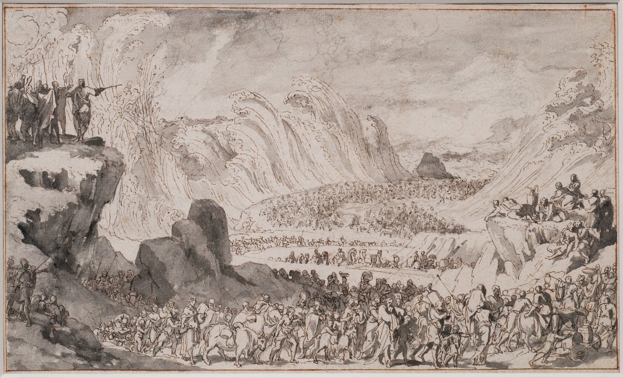 Moses skiller Det Røde Hav (kridt, pen og blæk og vask på papir) af Caspar Luyken