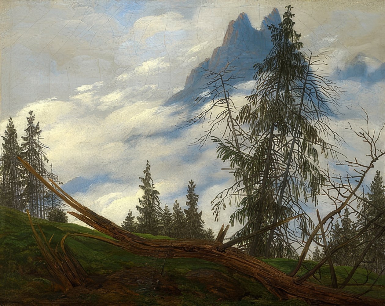 Bjergtinder med bevægende skyer. Omkring 1835 af Caspar David Friedrich