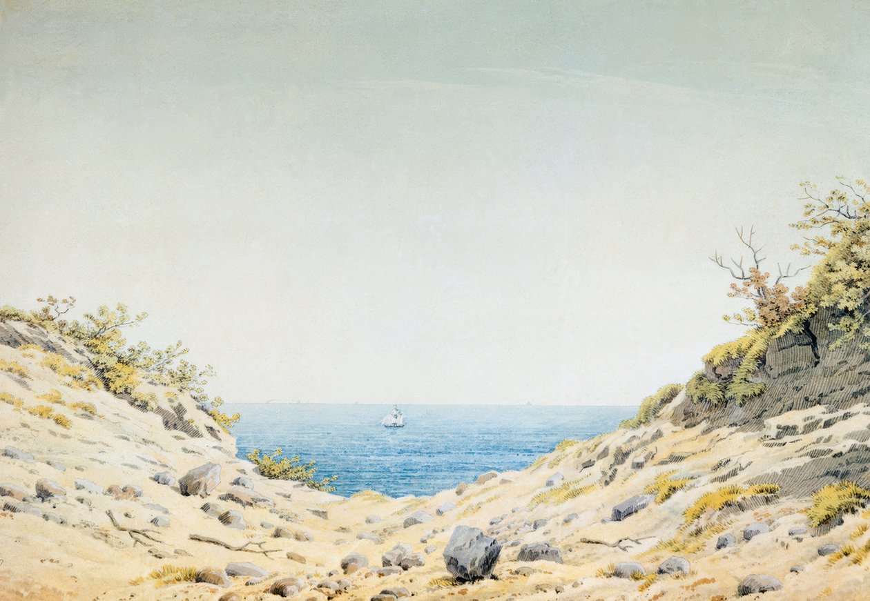 Udsigt gennem en lavning mod havet af Caspar David Friedrich