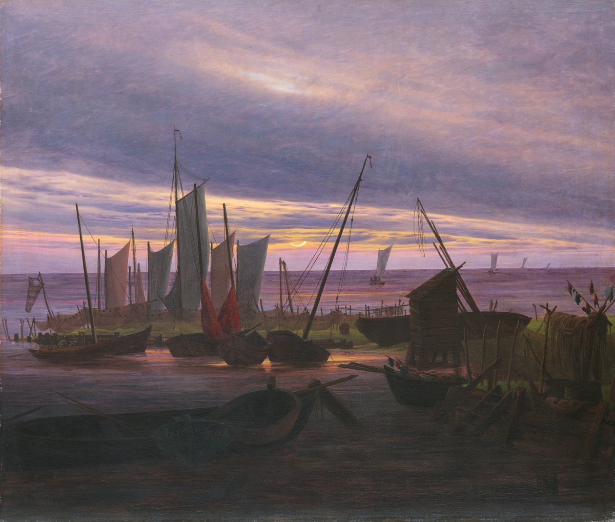 Både i havnen om aftenen, ca. 1828 af Caspar David Friedrich
