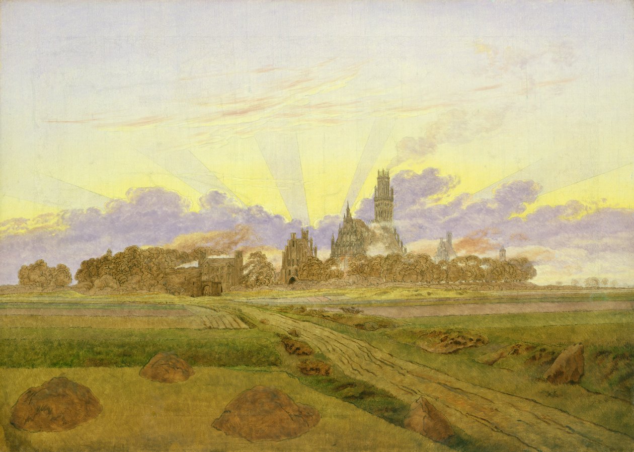Dawn at Neubrandenburg (olie på lærred) af Caspar David Friedrich