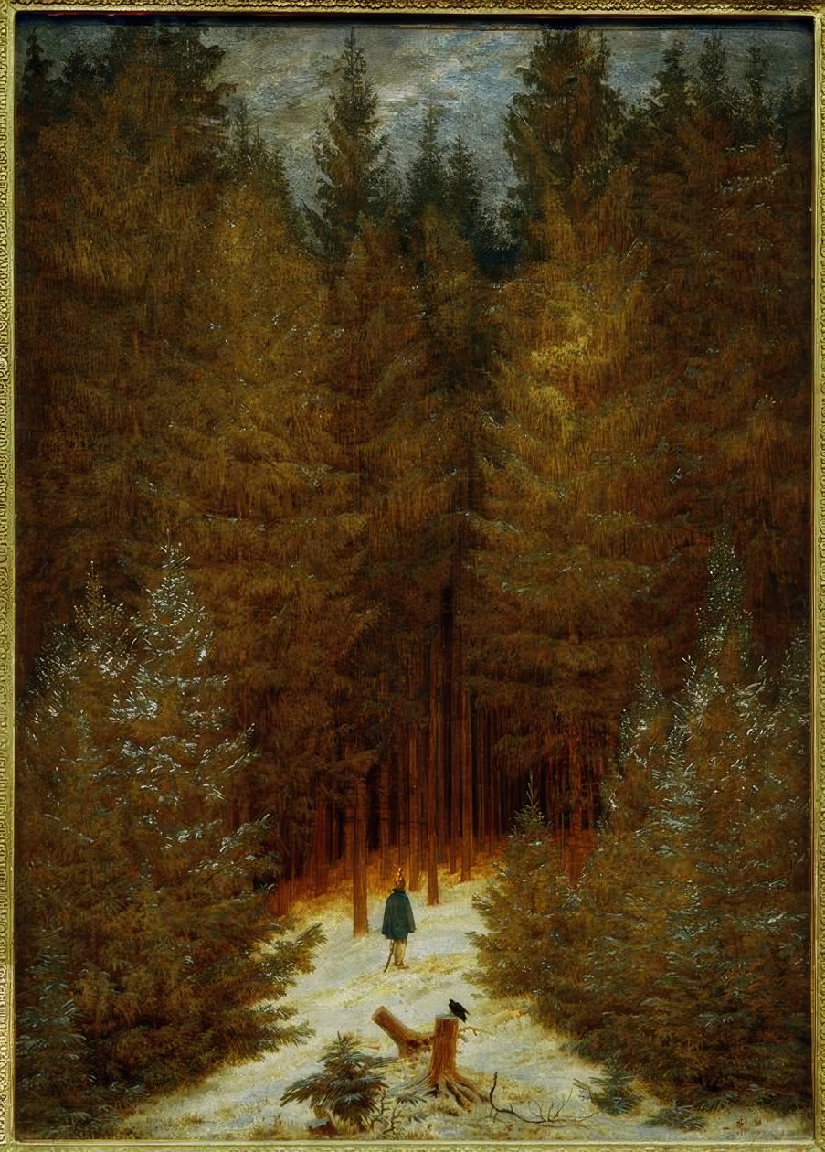 Chasseur im Walde (En snedækket granskov, Tannenwa af Caspar David Friedrich